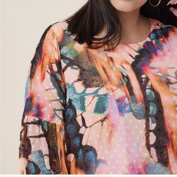 Torrid chiffon Clip Dot Boho Blouse Baloon Sleeves abstract butterfly print 2x - Picture 4 of 12